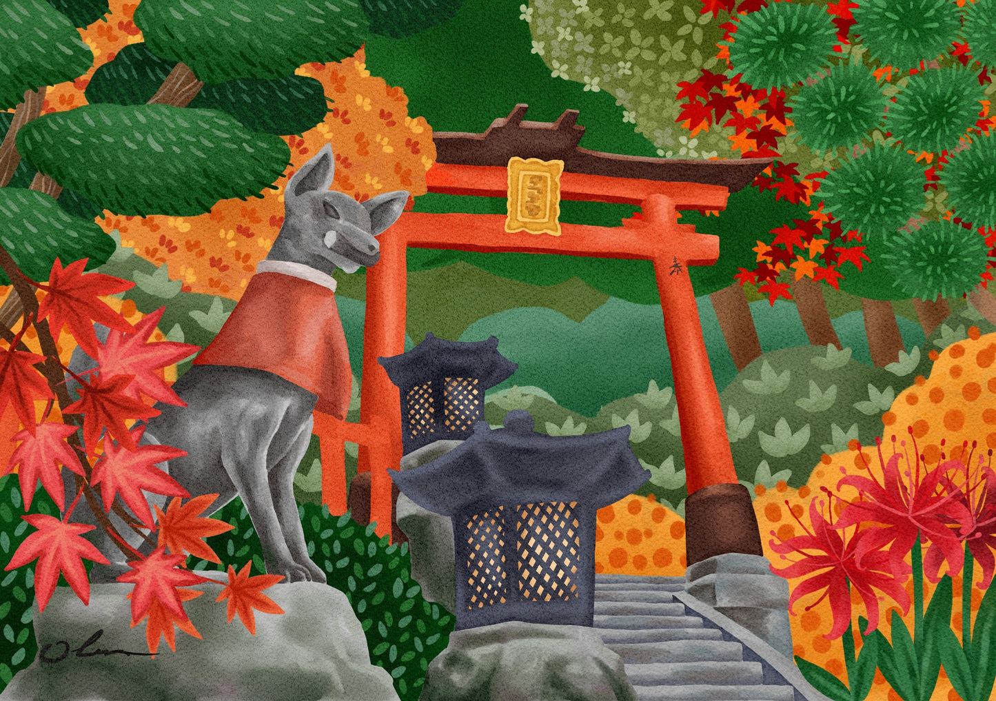 Colorful illustration of a fox in a traditional Japanese setting with a torii gate and lantern.