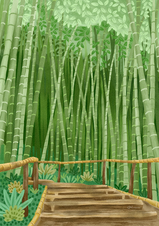 Wooden bridge in a bamboo forest in Kyoto, Japan. Botanical travel illustration