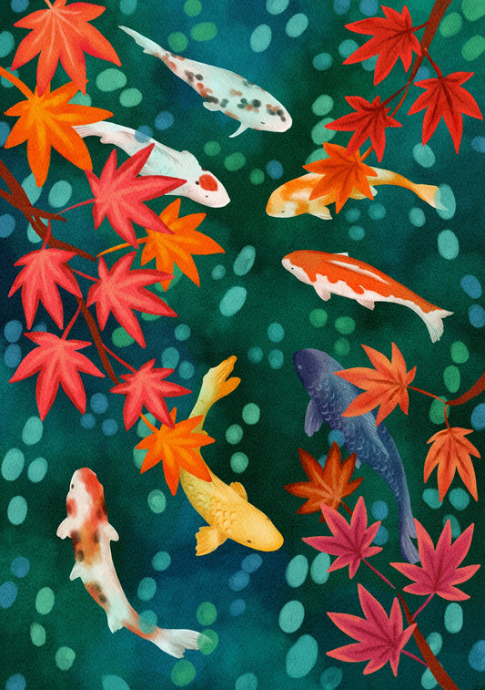 Colorful koi fish and red maple leaves on a dark green background