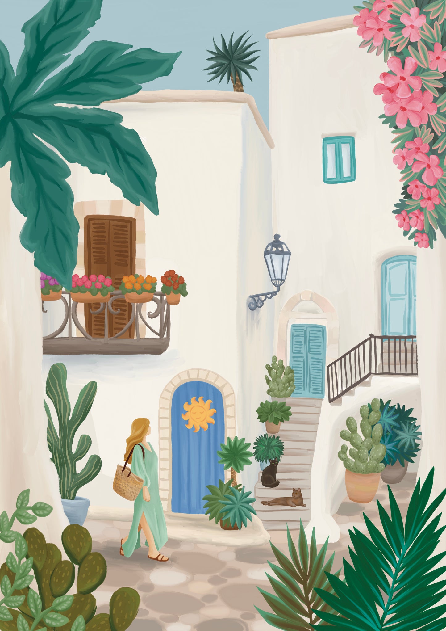 Illustration of a woman walking through a sunlit street with buildings, plants, and flowers in a picturesque town in Puglia, Italy.