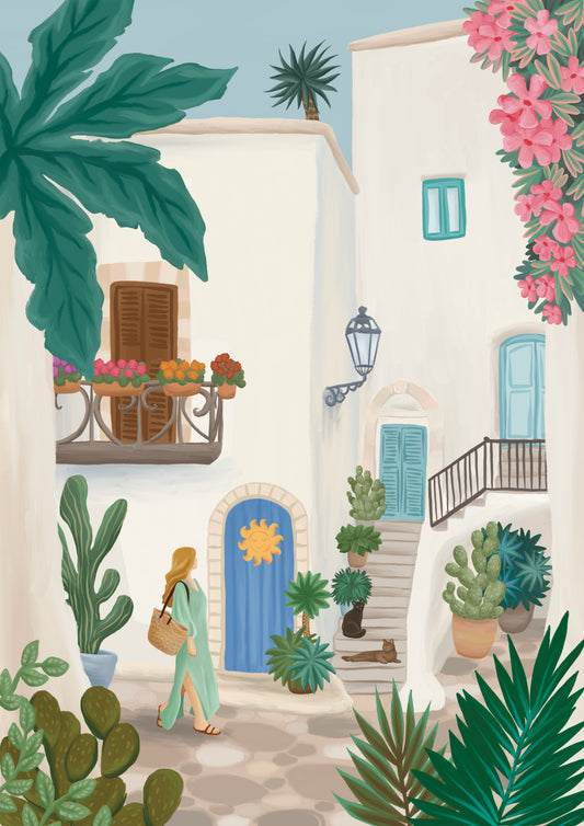 Illustration of a woman walking through a sunlit street with buildings, plants, and flowers in a picturesque town in Puglia, Italy.