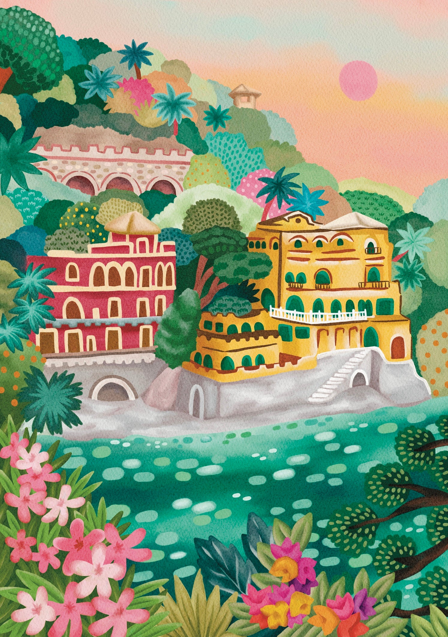 Colorful illustration of a coastal Italian landscape with luxurious buildings and flowers.